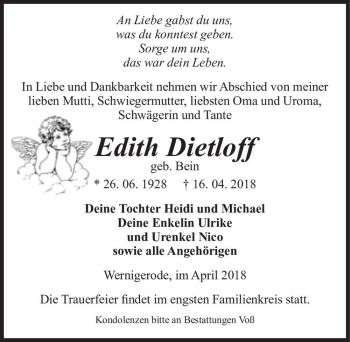 Traueranzeige von Edith Dietloff (geb. Bein)  von Magdeburger Volksstimme