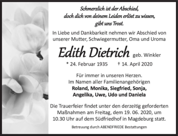 Traueranzeige von Edith Dietrich (geb. Winkler)  von Magdeburger Volksstimme
