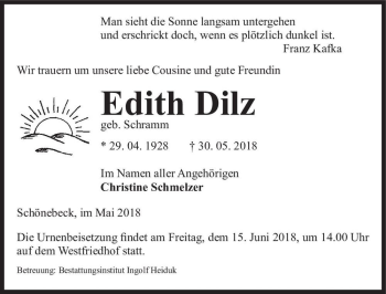 Traueranzeige von Edith Dilz (geb. Schramm)  von Magdeburger Volksstimme
