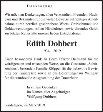 Traueranzeige von Edith Dobbert  von Magdeburger Volksstimme