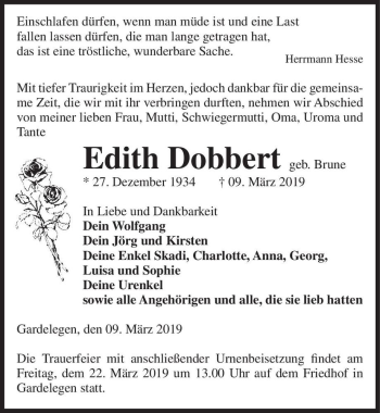 Traueranzeige von Edith Dobbert (geb. Brune)  von Magdeburger Volksstimme