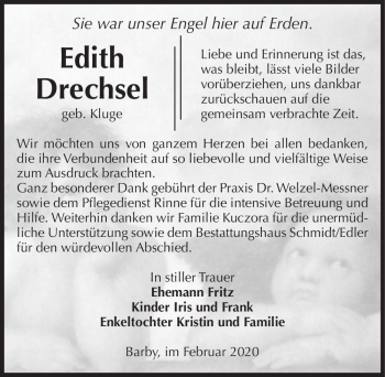 Traueranzeige von Edith Drechsel (geb. Kluge)  von Magdeburger Volksstimme