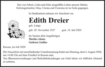 Traueranzeige von Edith Dreier (geb. Lange)  von Magdeburger Volksstimme