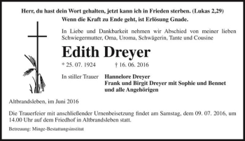 Traueranzeige von Edith Dreyer  von Magdeburger Volksstimme