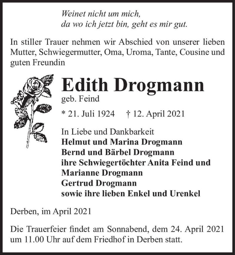  Traueranzeige für Edith Drogmann (geb. Feind)  vom 17.04.2021 aus Magdeburger Volksstimme