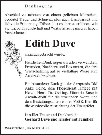 Traueranzeige von Edith Duve  von Magdeburger Volksstimme