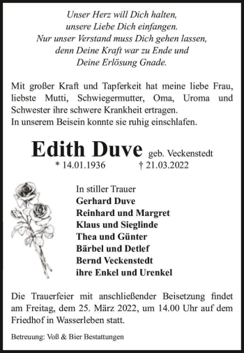 Traueranzeige von Edith Duve (geb. Veckenstedt)  von Magdeburger Volksstimme