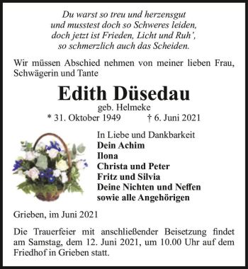 Traueranzeige von Edith Düsedau (geb. Helmeke)  von Magdeburger Volksstimme