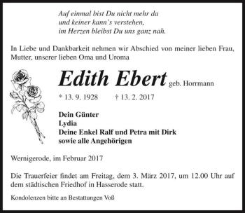 Traueranzeige von Edith Ebert (geb. Horrmann)  von Magdeburger Volksstimme