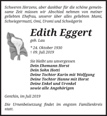 Traueranzeige von Edith Eggert (geb. Lau)  von Magdeburger Volksstimme