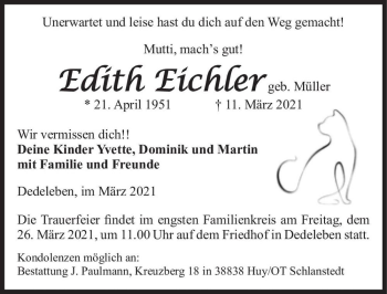 Traueranzeige von Edith Eichler (geb. Müller)  von Magdeburger Volksstimme