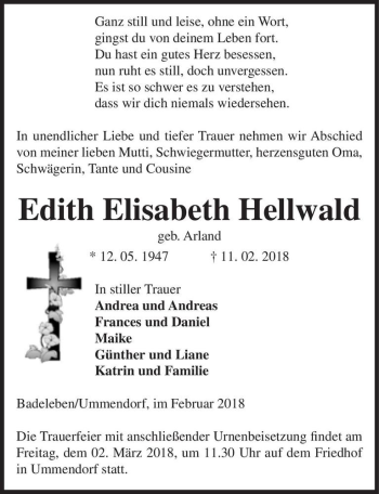 Traueranzeige von Edith Elisabeth Hellwald (geb. Arland)  von Magdeburger Volksstimme