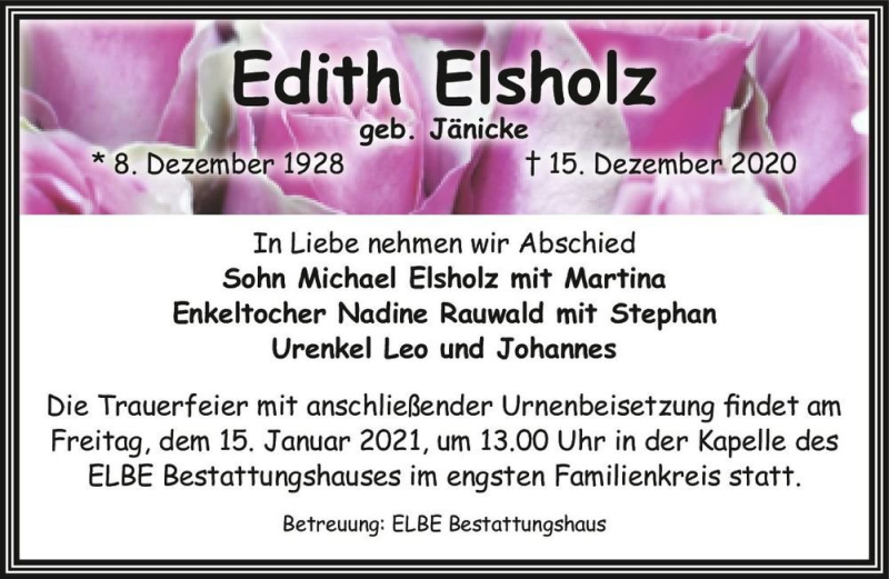  Traueranzeige für Edith Elsholz (geb. Jänicke)  vom 19.12.2020 aus Magdeburger Volksstimme