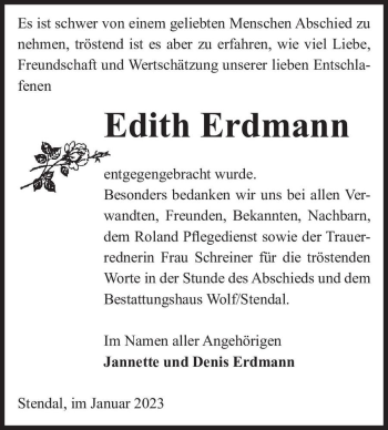 Traueranzeige von Edith Erdmann  von Magdeburger Volksstimme
