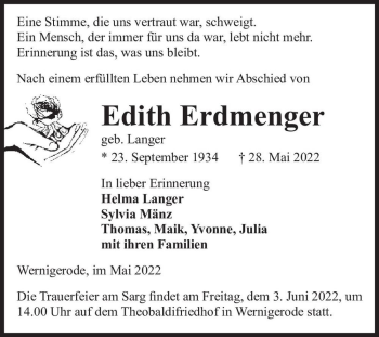 Traueranzeige von Edith Erdmenger (geb. Langer)  von Magdeburger Volksstimme