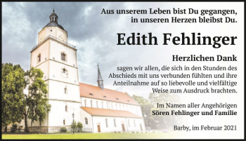 Traueranzeige von Edith Fehlinger  von Magdeburger Volksstimme