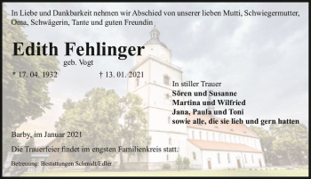 Traueranzeige von Edith Fehlinger (geb. Vogt)  von Magdeburger Volksstimme