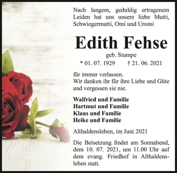 Traueranzeige von Edith Fehse (geb. Stumpe)  von Magdeburger Volksstimme