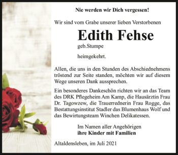 Traueranzeige von Edith Fehse (geb.Stumpe)  von Magdeburger Volksstimme