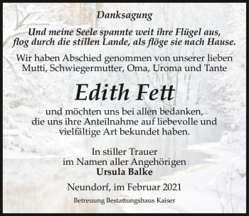 Traueranzeige von Edith Fett  von Magdeburger Volksstimme