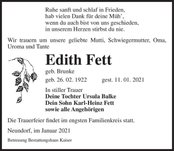 Traueranzeige von Edith Fett (geb. Brunke)  von Magdeburger Volksstimme