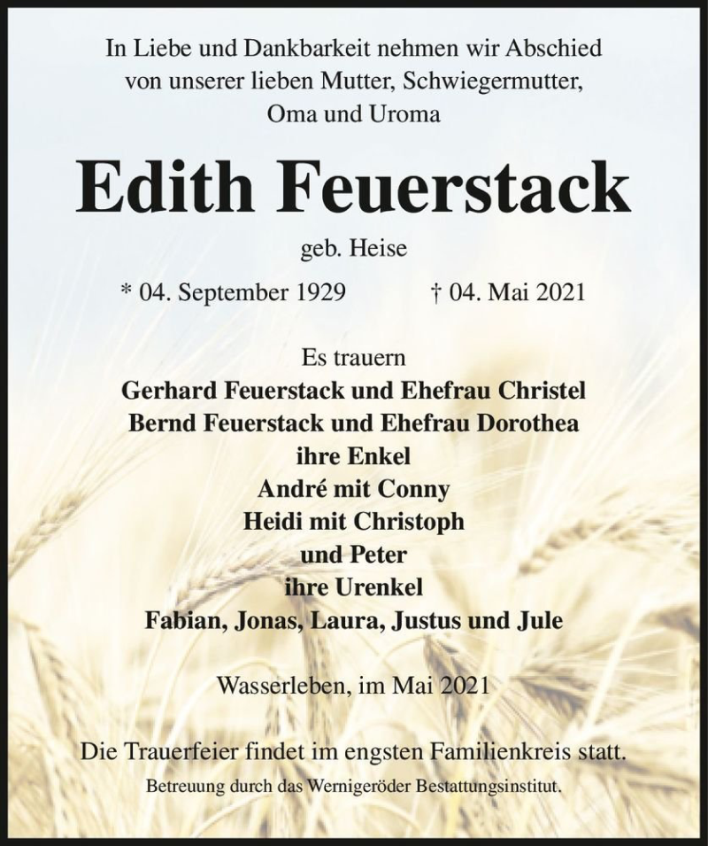  Traueranzeige für Edith Feuerstack (geb. Heise)  vom 10.05.2021 aus Magdeburger Volksstimme