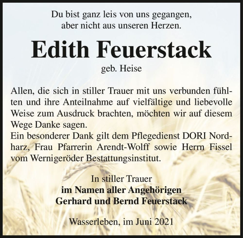  Traueranzeige für Edith Feuerstack (geb. Heise)  vom 18.06.2021 aus Magdeburger Volksstimme
