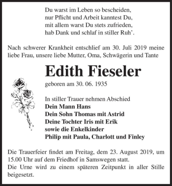 Traueranzeige von Edith Fieseler  von Magdeburger Volksstimme