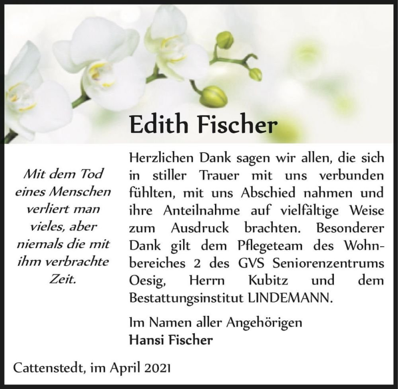  Traueranzeige für Edith Fischer  vom 17.04.2021 aus Magdeburger Volksstimme