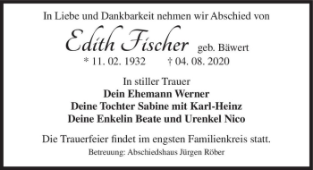 Traueranzeige von Edith Fischer (geb. Bäwert)  von Magdeburger Volksstimme
