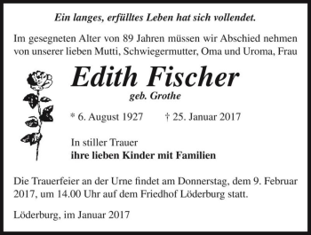 Traueranzeige von Edith Fischer (geb. Grothe)  von Magdeburger Volksstimme