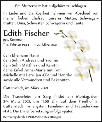 Traueranzeige von Edith Fischer (geb. Kunzmann)  von Magdeburger Volksstimme