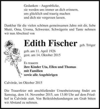 Traueranzeige von Edith Fischer (geb. Tröger)  von Magdeburger Volksstimme