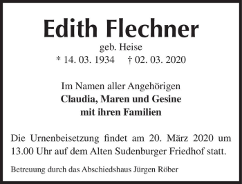 Traueranzeige von Edith Flechner (geb. Heise)  von Magdeburger Volksstimme