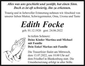 Traueranzeige von Edith Focke  von Magdeburger Volksstimme