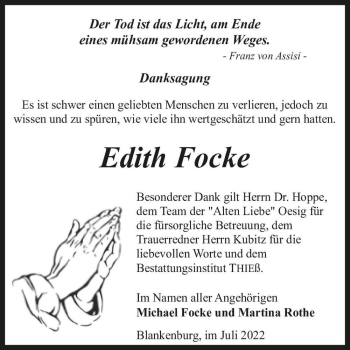 Traueranzeige von Edith Focke  von Magdeburger Volksstimme