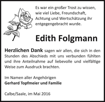 Traueranzeige von Edith Folgmann  von Magdeburger Volksstimme