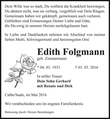 Traueranzeige von Edith Folgmann (geb. Zimmermann)  von Magdeburger Volksstimme