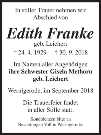 Traueranzeige von Edith Franke (geb. Leichert)  von Magdeburger Volksstimme