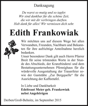 Traueranzeige von Edith Frankowiak  von Magdeburger Volksstimme