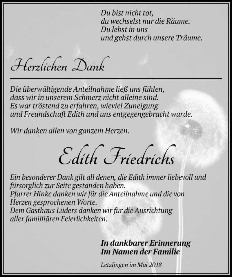  Traueranzeige für Edith Friedrichs  vom 04.05.2018 aus Magdeburger Volksstimme