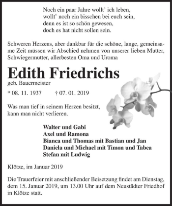 Traueranzeige von Edith Friedrichs (geb. Bauermeister)  von Magdeburger Volksstimme