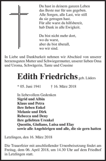 Traueranzeige von Edith Friedrichs (geb. Lüders)  von Magdeburger Volksstimme