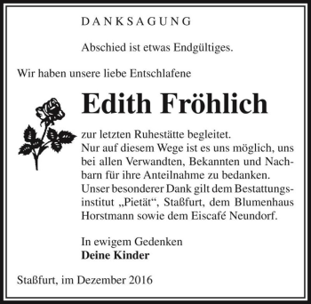 Traueranzeige von Edith Fröhlich  von Magdeburger Volksstimme