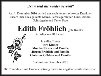 Traueranzeige von Edith Fröhlich (geb. Richter)  von Magdeburger Volksstimme