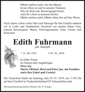 Traueranzeige von Edith Fuhrmann (geb. Rudolph)  von Magdeburger Volksstimme