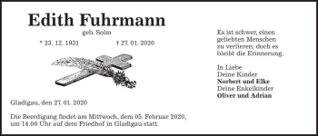 Traueranzeige von Edith Fuhrmann (geb. Solm)  von Magdeburger Volksstimme