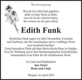 Traueranzeige von Edith Funk  von Magdeburger Volksstimme