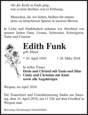 Traueranzeige von Edith Funk (geb. Maser)  von Magdeburger Volksstimme