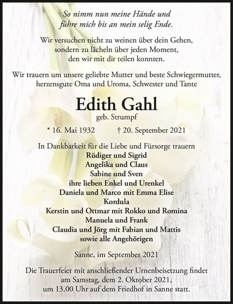  Traueranzeige für Edith Gahl (geb. Strumpf)  vom 25.09.2021 aus Magdeburger Volksstimme